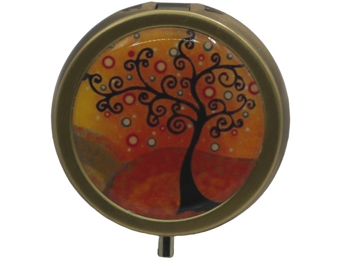 Pill Box, Bronze Pill Box, One Compartment, Medicine Case, Trinket Box, Earring Box, Mint Box, Funky Tree, Orange, Yellow