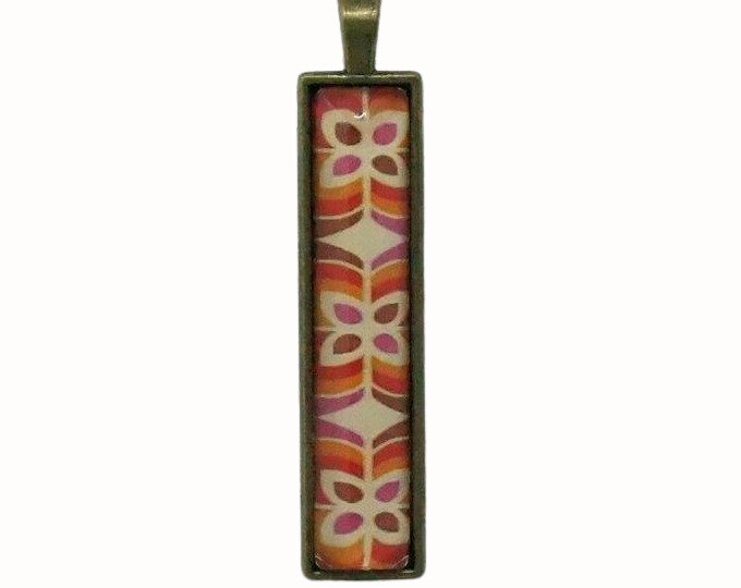 Long Bronze Rectangle Glass Tile Pendant Retro Patterned Orange Brown Pink