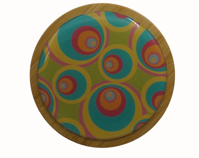 Retro, Circles, Blue, Green, 100ml Round Screw Top Bamboo Box, Wooden Box, Refillable Cosmetic Container, Jewellery Box, Keepsakes Box