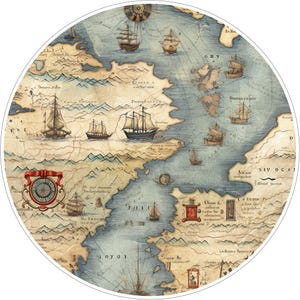 May include: A circular wall art piece featuring a vintage-style nautical map with beige parchment tones, blue ocean areas, and detailed illustrations of sailing ships. The map includes decorative red compass elements and stylized landmasses.