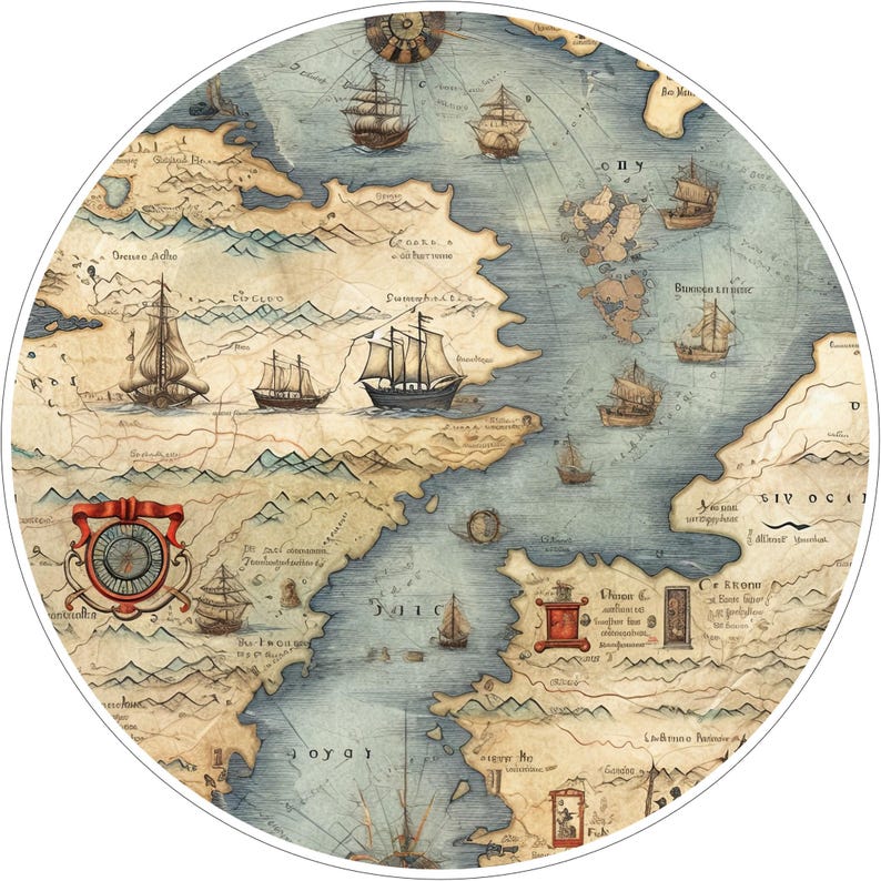 May include: A circular wall art piece featuring a vintage-style nautical map with beige parchment tones, blue ocean areas, and detailed illustrations of sailing ships. The map includes decorative red compass elements and stylized landmasses.
