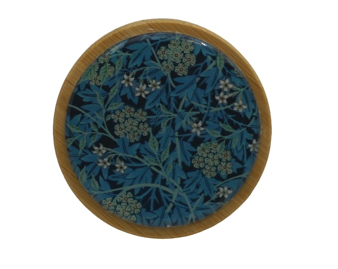 50ml Round Screw Top Bamboo Box, William Morris, Jasmine, Wooden Box, Refillable Cosmetic Container, Jewellery Box, Keepsakes Box, Trinkets,