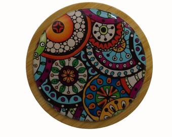 Patterned, Circles, 100ml Round Screw Top Bamboo Box, Wooden Box, Refillable Cosmetic Container, Jewellery Box, Keepsakes Box