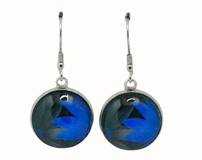 Stainless Steel Glass Tile Hooped Earrings Accessories Floral Blue Flowers on Black