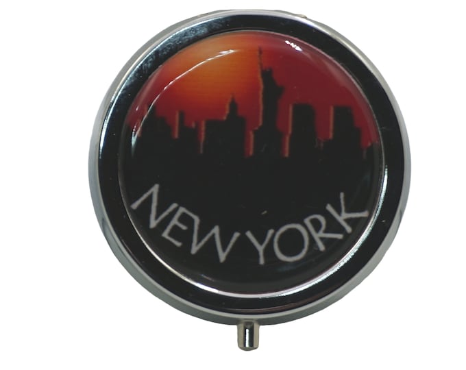 New York, Pill Box, Silver Plated, Medicine Case, One Day Pill Box, Trinket Box, Pill Case