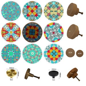 Pattern Drawer Knobs, Blue, Red, Yellow, Cabinet Handles, Furniture Drawer Knobs, Round Wooden Drawer Knobs, Drawer Handles, Cabinet Pulls