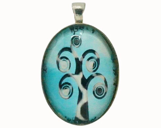Blue and Black Tree, Oval Silver Plated Glass Pendant, Necklace Pendant