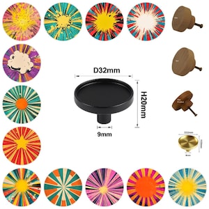 May include: A selection of decorative cabinet knobs and a black drawer pull. The knobs display colourful, retro-style designs, including starbursts and comic book-inspired graphics. The black drawer pull measures 3.2cm in diameter and 2cm high.