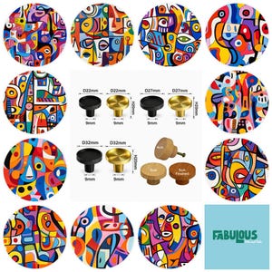 May include: A collection of round cabinet knobs featuring vibrant, multi-colored abstract patterns alongside solid black, gold, and natural wood finishes. Technical diagrams display dimensions in millimeters, including 22mm, 27mm, and 32mm diameters.