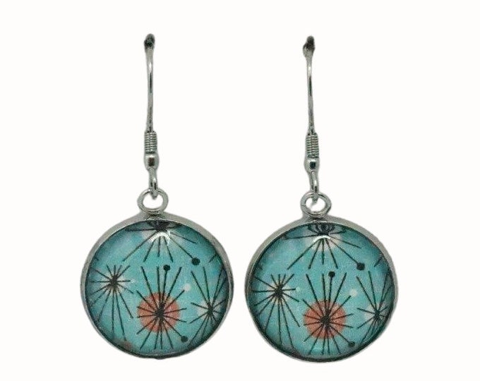 Stainless Steel Glass Tile Hooped Earrings Accessories Retro Mid Century Art Blue and Orange
