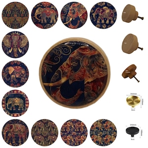 May include: A collection of decorative cabinet knobs featuring elephant designs. The knobs are round with intricate patterns in gold, red, and blue. Several wooden and metal knobs are also shown, with dimensions of 32mm diameter and 20mm height.