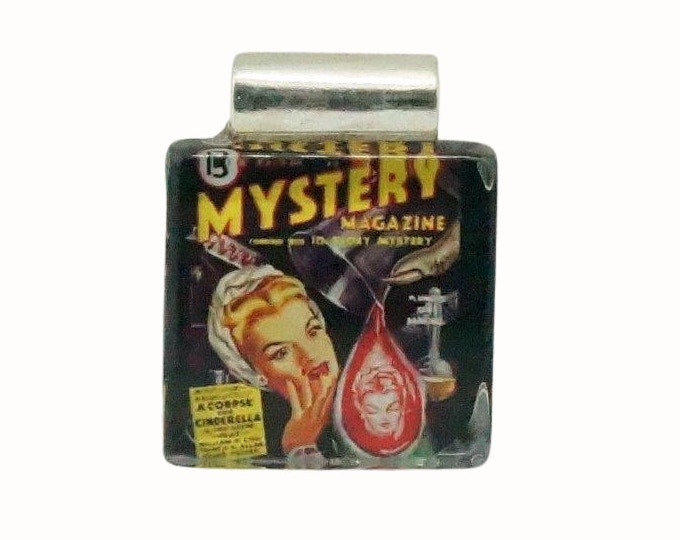 Flat Square Glass Tile Pendant with Tube Bail Pulp Fiction Mystery Magazine