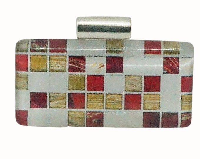 Horizontal Rectangle Glass Tile Pendant Tube Bail Patterned Tile Look Squares White Red Brown