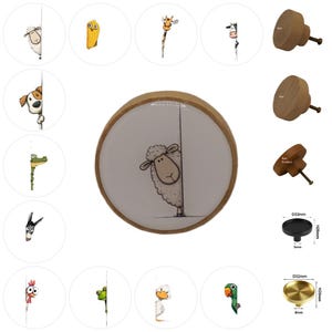 May include: A collection of decorative cabinet knobs and pulls. The knobs feature various cartoon animal designs, including a sheep, dog, and giraffe, along with wooden and metal hardware options. The knobs are round with a white background and a wooden rim.
