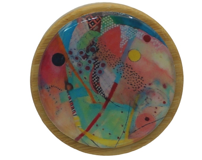 50ml Round Screw Top Bamboo Box, Wooden Box, Refillable Cosmetic Container, Jewellery Box, Keepsakes Box, Trinkets, Abstract Art, Rainbow