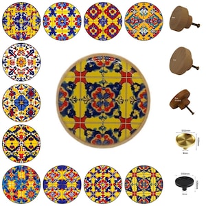 Mexican Talavera Round Wooden Cabinet Pulls, Drawer Knobs, Home Decor
