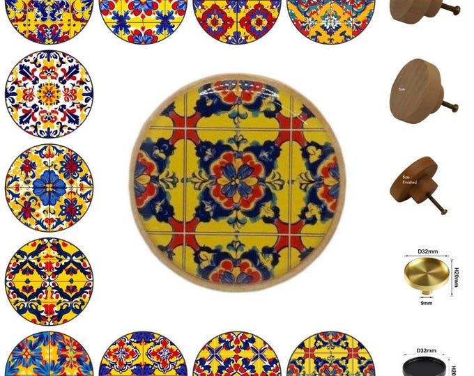 Mexican Talavera Round Wooden Cabinet Pulls, Drawer Knobs, Home Decor