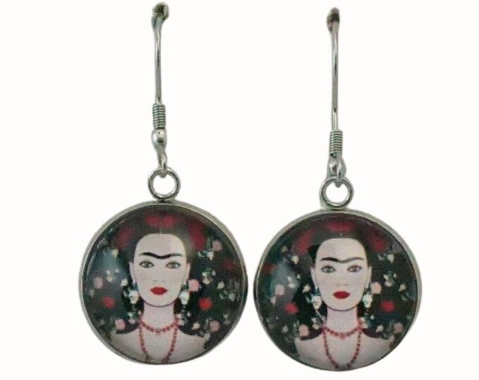 Stainless Steel Glass Tile Hooped Earrings Accessories Frida Kahlo