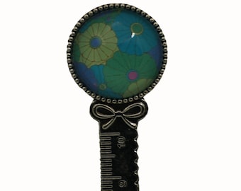 Floral, Flowers, Daisies, Blue, Green, Antique Silver Bookmark with Ruler  20mm Cabochon, Bookmark