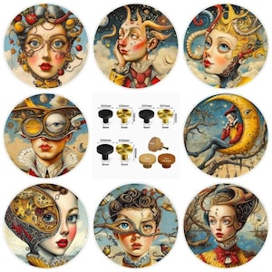 Puede incluir: Una colección de ocho pomos decorativos circulares con ilustraciones de personajes surrealistas y coloridos, junto a un diagrama central que muestra varios tamaños en milímetros, incluyendo diámetros de 22mm, 27mm y 32mm con alturas de 9mm y 20mm.