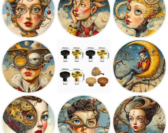 Surrealism Art Drawer Knobs, Whimsical Faces, Wooden Cabinet Handles, 5 sizes