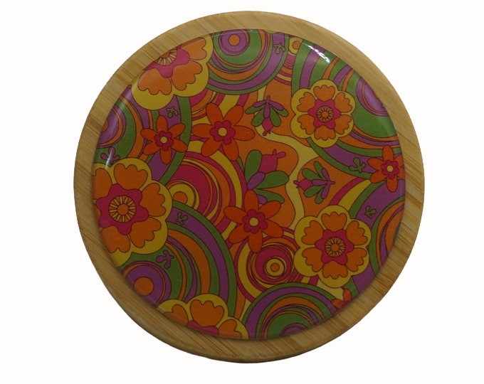Retro, Floral, Orange, Yellow, 100ml Round Screw Top Bamboo Box, Wooden Box, Refillable Cosmetic Container, Jewellery Box, Keepsakes Box