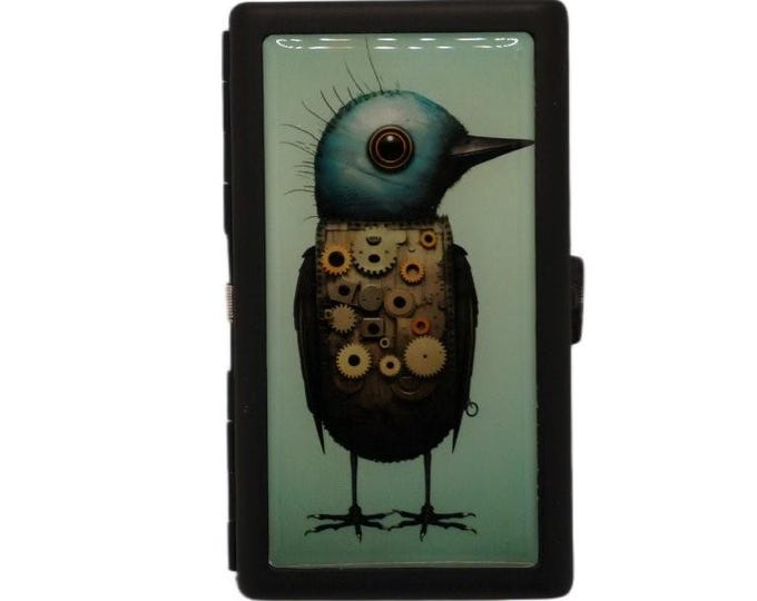 Steampunk Bird, Black King Size Cigarette Case, Cigarette Box, Metal Money Card Storage Case, 100's, Slims