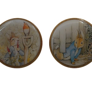 May include: Two round wooden knobs with a brown wooden frame and a clear glass center. The glass centers feature illustrations of Peter Rabbit. One knob shows Peter Rabbit holding a carrot and the other shows Peter Rabbit hiding behind a door.