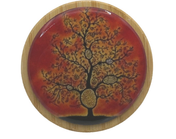 50ml Round Screw Top Bamboo Box, Wooden Box, Refillable Cosmetic Container, Jewellery Box, Keepsakes Box, Trinket, Funky Tree, Orange, Black