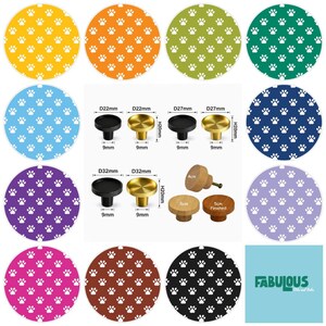 May include: A collection of circular patterns featuring white paw prints on various colored backgrounds, alongside metal and wooden cabinet knobs. The knobs are labeled with dimensions including 22mm, 27mm, 32mm, and 5cm, with heights of 20mm.