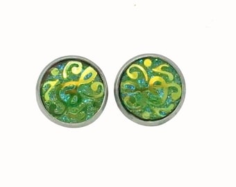 Stainless Steel Glass Stud Earrings in Green