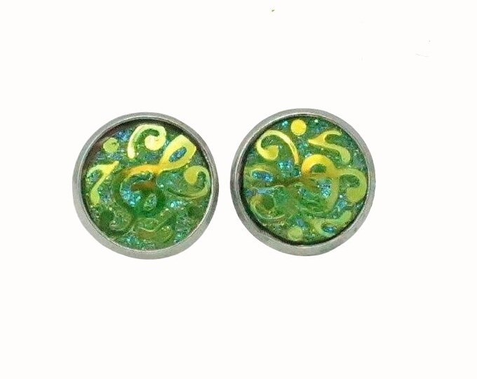Stainless Steel Glass Stud Earrings in Green
