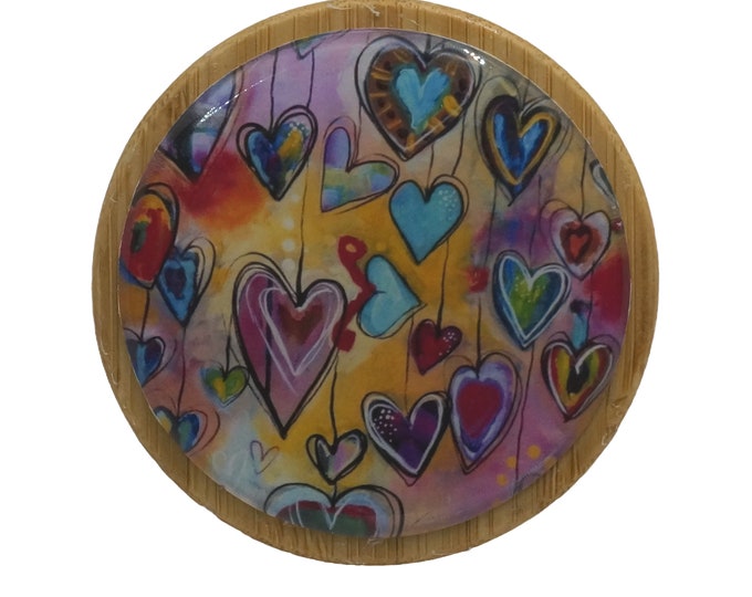 50ml Round Screw Top Bamboo Box, Wooden Box, Refillable Cosmetic Container, Jewellery Box, Keepsakes Box, Trinkets, Hearts, Colorful Hearts