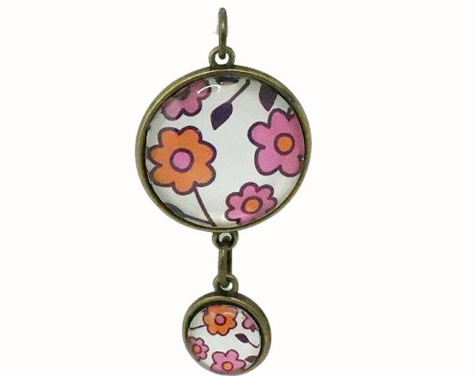 Doubled Sided Round Glass Pendant Two Pendants in One Bronze Pendant Floral Flowers White Brown Pink Orange