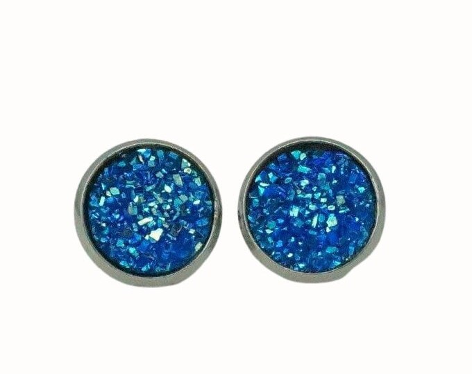 Stainless Steel 1.2cm Stud Earrings Accessories Druzy Light Blue