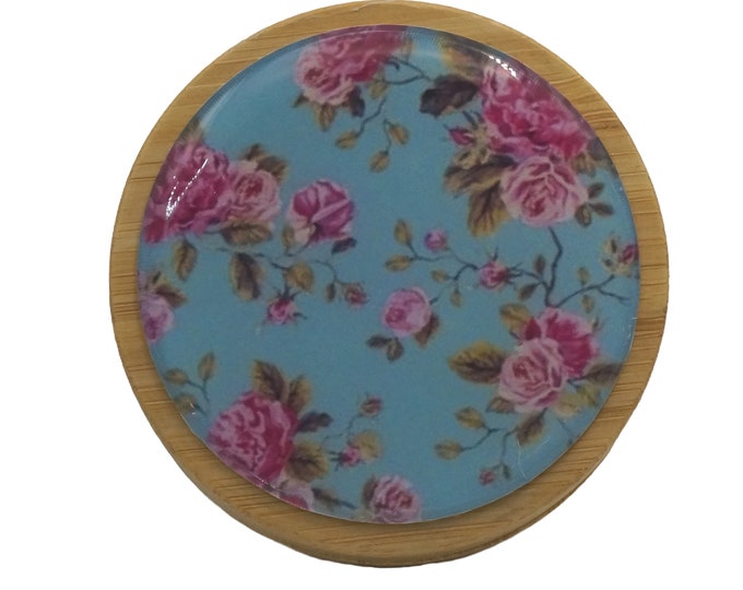 50ml Round Screw Top Bamboo Box, Wooden Box, Refillable Cosmetic Container, Jewellery Box, Keepsakes Box, Vintage Roses, Pink, Blue