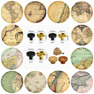 Vintage Maps Wooden Drawer Knobs, Brass Cabinet Handles
