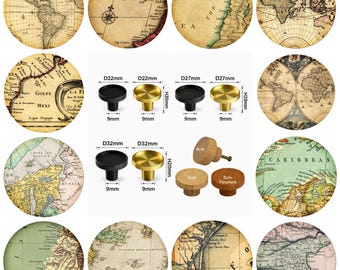Vintage Maps Wooden Drawer Knobs, Brass Cabinet Handles