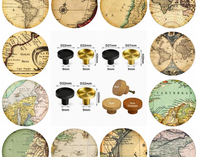 Vintage Maps Wooden Drawer Knobs, Brass Cabinet Handles