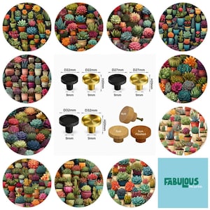 May include: A collection of round cabinet knobs in black, gold, and natural wood finishes, displayed with technical diagrams showing dimensions of 22mm, 27mm, 32mm, and 5cm, alongside a repeating pattern of colorful potted succulents and the text FABULOUS.