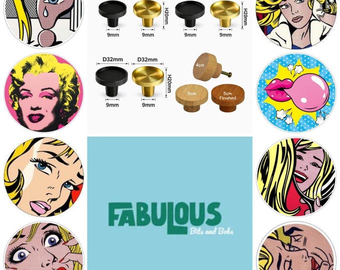 Pop Art Drawer Knobs - Lichtenstein Style Wooden Cabinet Pulls - Brass Drawer Knobs