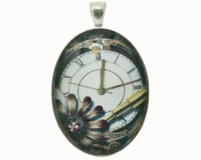 Steampunk, Floral, Clock, Oval Silver Plated Glass Pendant, Necklace Pendant