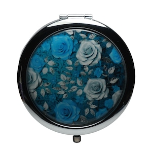 Floral, Flowers, Roses, Blue Roses, Compact Mirror, Purse Mirror, Pocket Mirror, Handbag Mirror