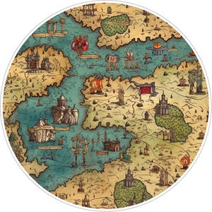 May include: A circular map illustration featuring tan landmasses and teal water. The design includes detailed drawings of castles, towers, and ships scattered across the terrain and sea, rendered in a muted color palette with dark ink outlines.