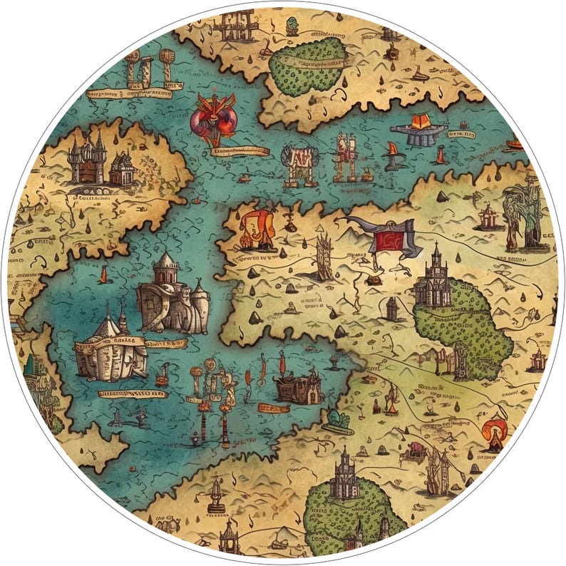 May include: A circular map illustration featuring tan landmasses and teal water. The design includes detailed drawings of castles, towers, and ships scattered across the terrain and sea, rendered in a muted color palette with dark ink outlines.