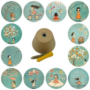 May include: A set of decorative wooden wall hooks with whimsical illustrations of girls and trees on round teal backgrounds. Includes a natural wood hook, screw, and wall anchor. Each hook features a different scene.