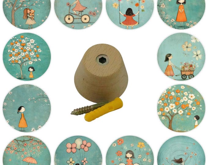 Cute Garden Girls Wooden Wall Hooks, Hand Decorated, 5cm