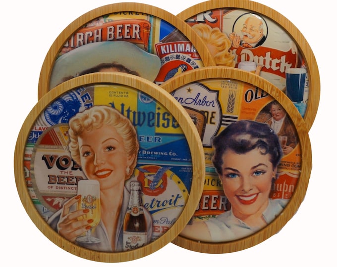 Vintage Beer, Beer, Retro, Vintage, Coffee, Coasters,  Set of Four Round Wooden Coasters, Wine, Drink Coasters, Coffee Coaster
