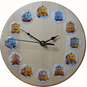 Trains, Cute Trains, Wooden Clock, Wall Clock, Wall Art, 20cm Clock, Novelty Clock, Nursery, Children&#39;s Room,