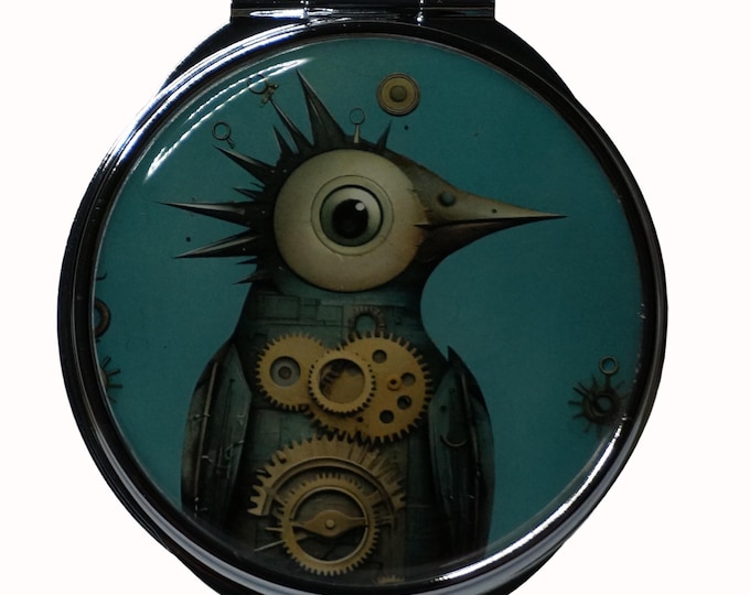 Bird, Steampunk , Large Pill Box, Mirror, Medicine Case, Pill Case,  Silver Pill Box, Three Sectioned Pill Box